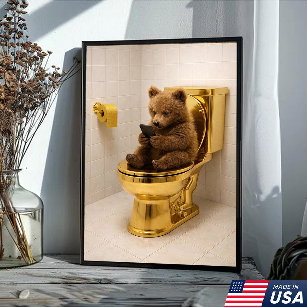 Funny Bear on Golden Toilet Canvas Wall Art, Cute Animal Bathroom Humor Illustration