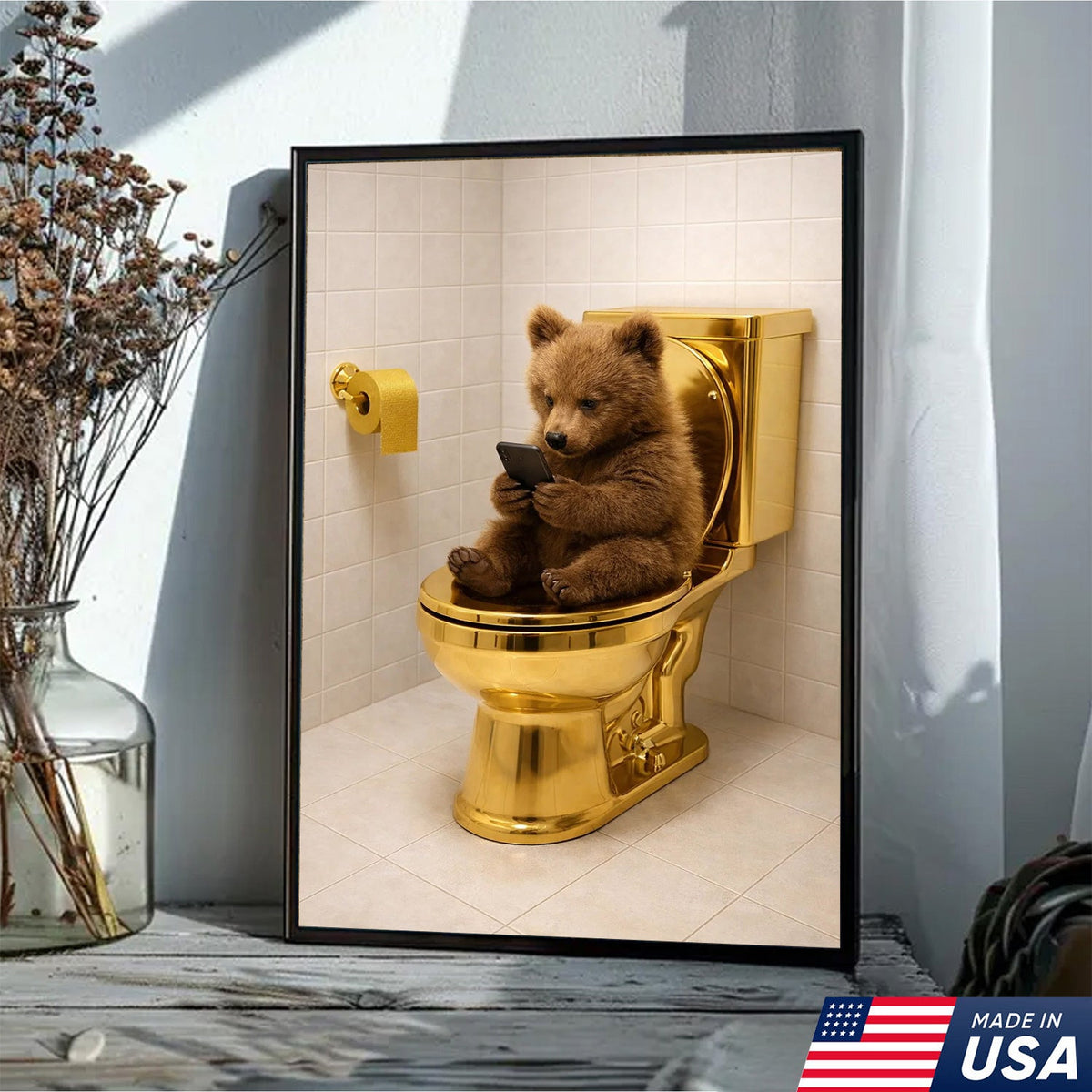 Funny Bear on Golden Toilet Canvas Wall Art, Cute Animal Bathroom Humor Illustration