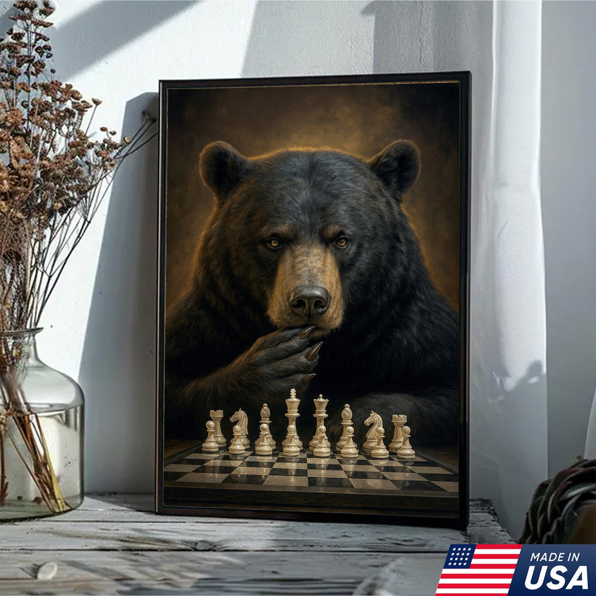 Chess Master Bear Wall Art Canvas – Strategic Bear Canvas Print for Man Cave & Smart Decor