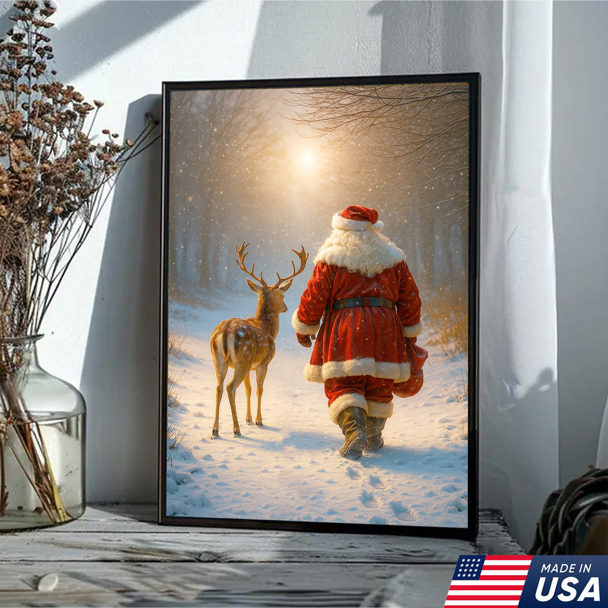 Santa and Deer Christmas Canvas Wall Art – Cozy Winter Forest Decor, Holiday Gifts for Home Lovers