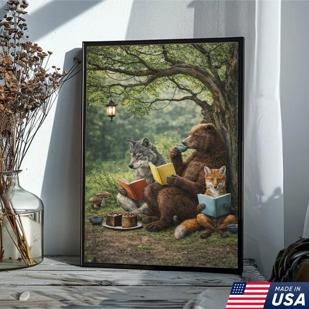 Whimsical Woodland Animals Reading Canvas Wall Art, Bear Wolf Fox Forest Storybook Decor