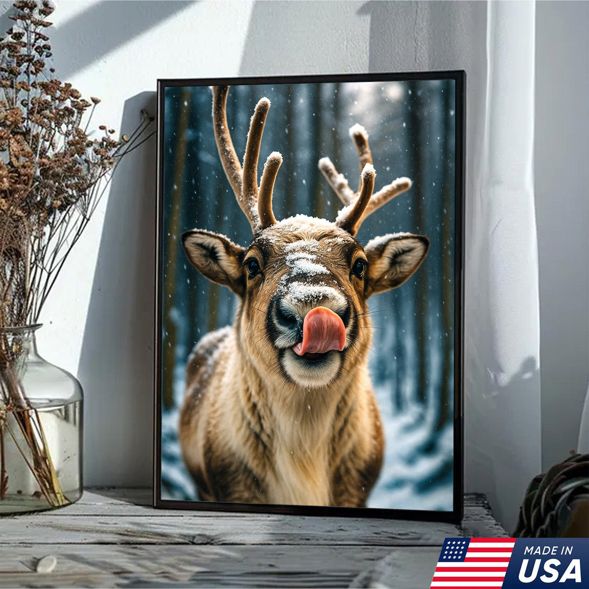 Winter Reindeer Portrait Canvas – Rustic Forest Wall Art for Cabin & Lodge Decor