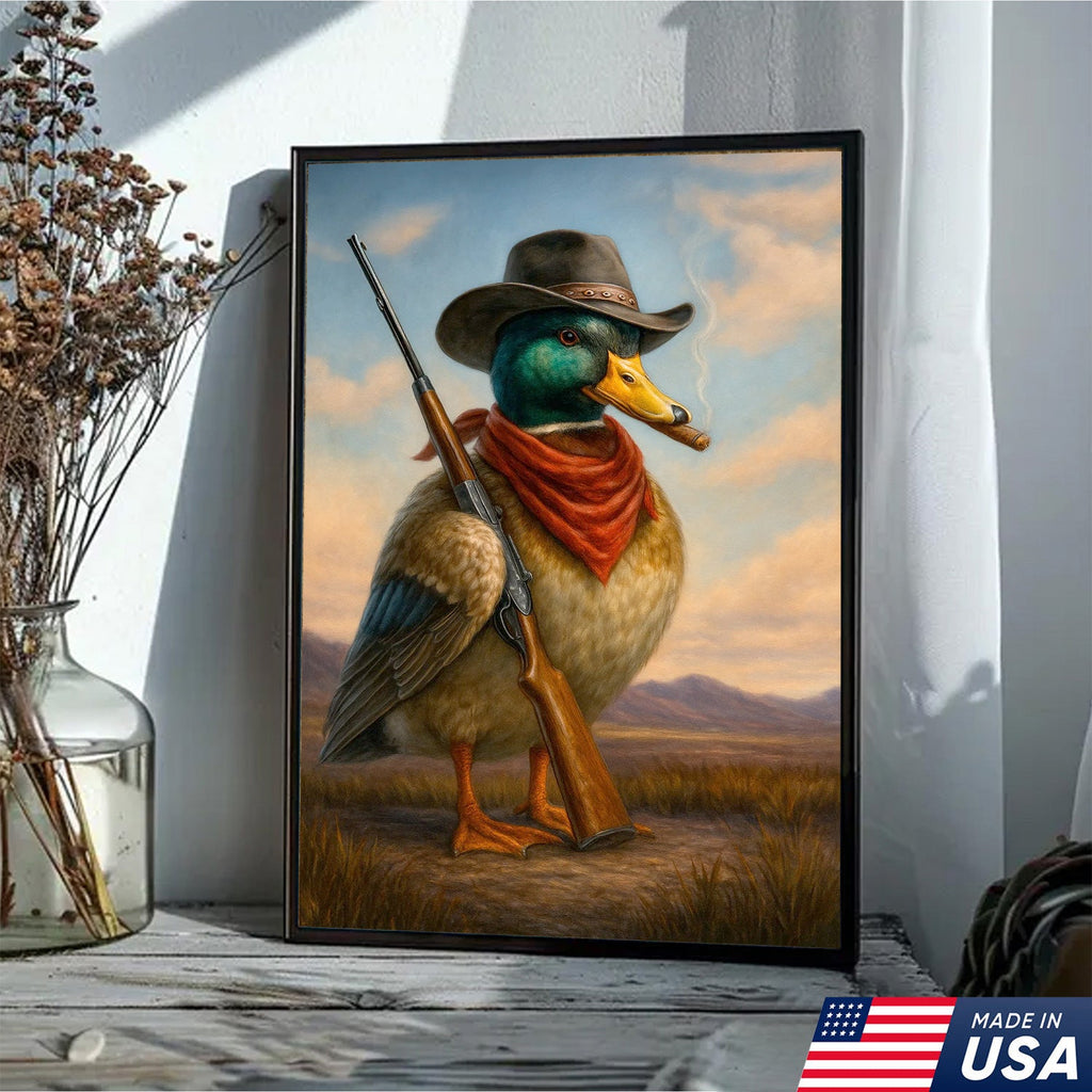 Cowboy Duck with Rifle Canvas Wall Art, Funny Western Hunter Decor for Lodge or Cabin