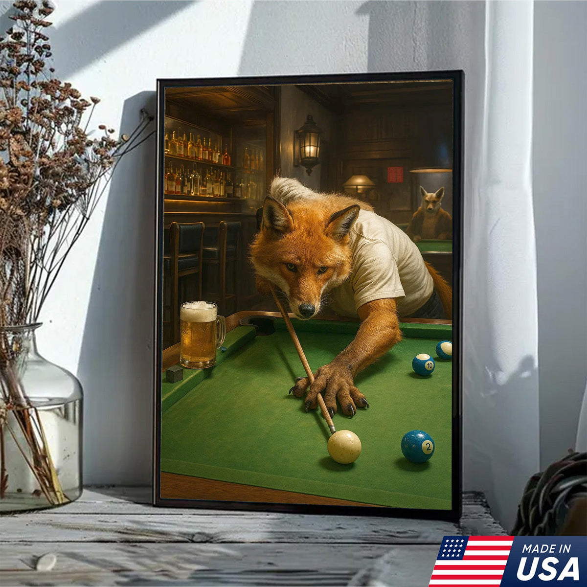 Fox Playing Pool Canvas Wall Art, Funny Billiards Room Decor, Game Room & Pool Hall Gift