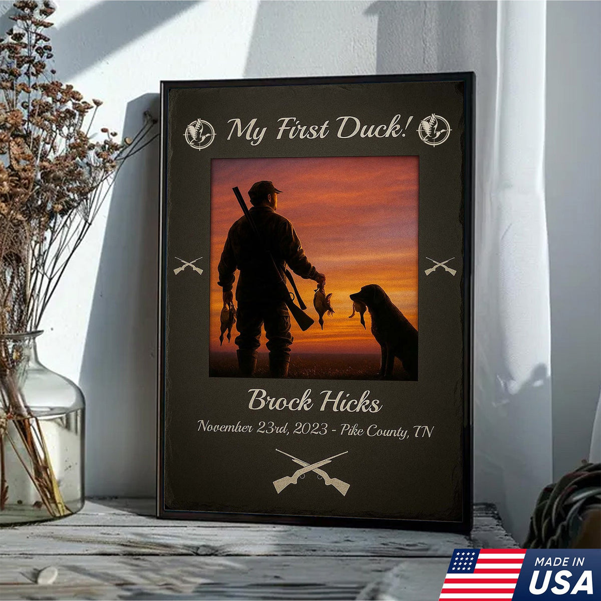 Custom My First Duck Wall Art Canvas, Personalized Duck Hunting Sunset with Dog