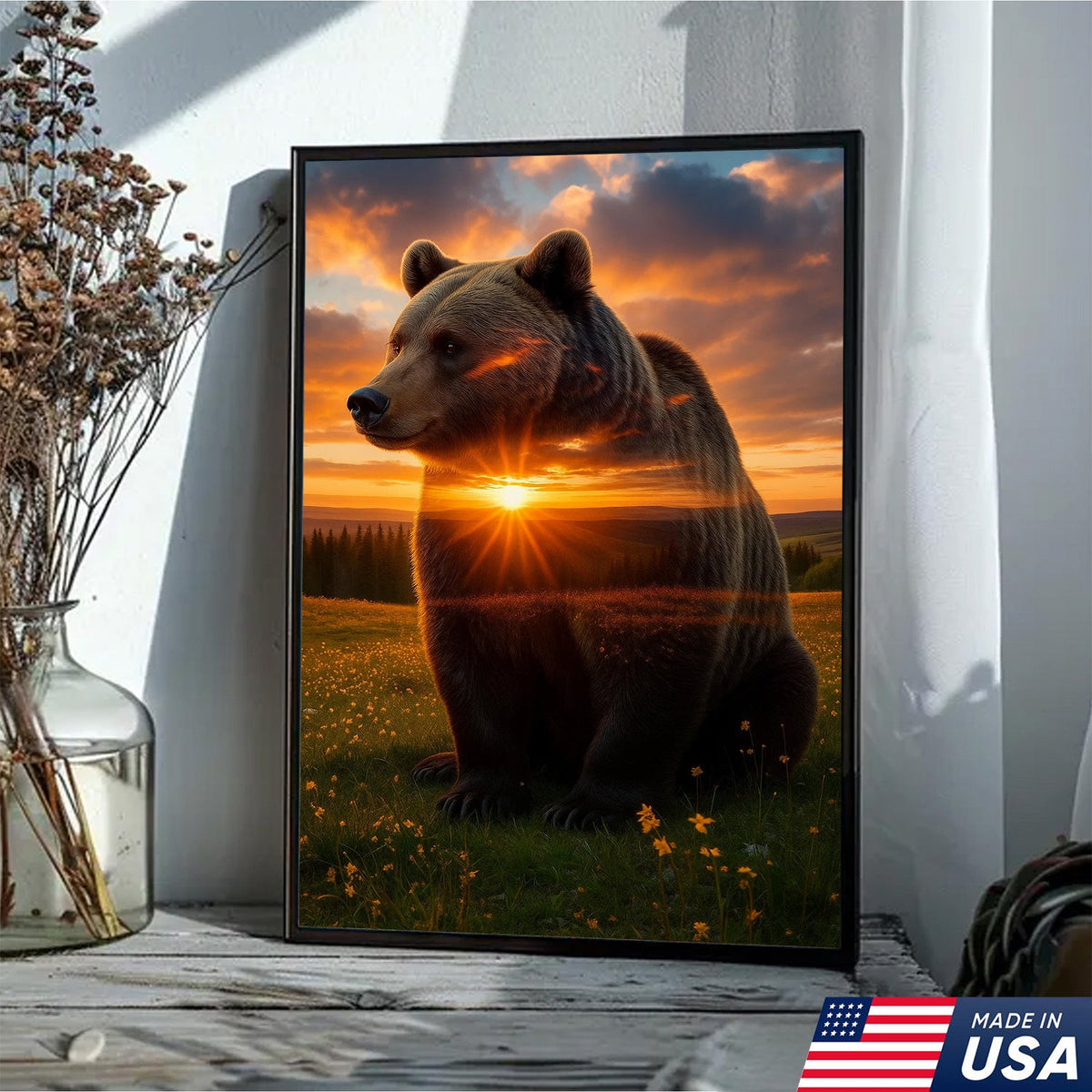 Sunset Bear Canvas Wall Art, Majestic Brown Bear Nature Landscape Print