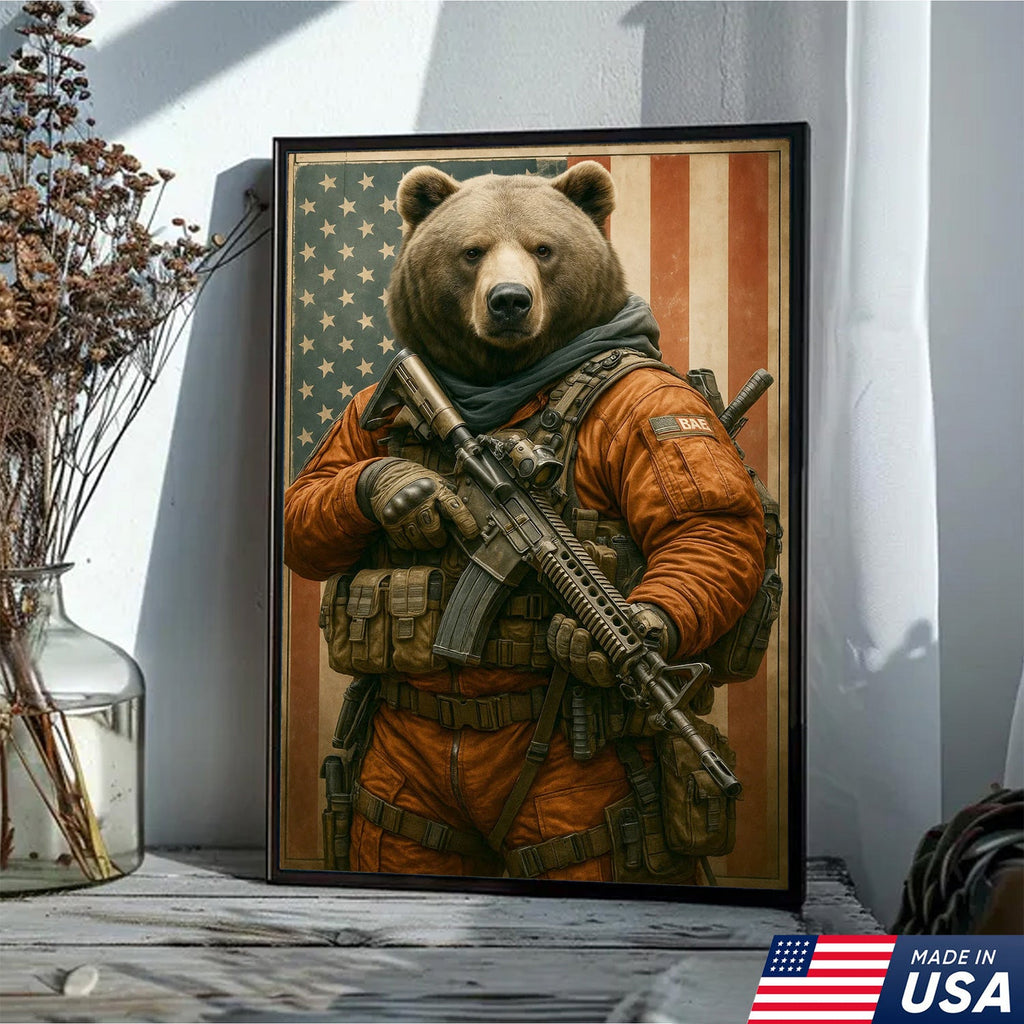 Patriotic Bear Soldier Wall Art Canvas, Tactical Military Animal with American Flag