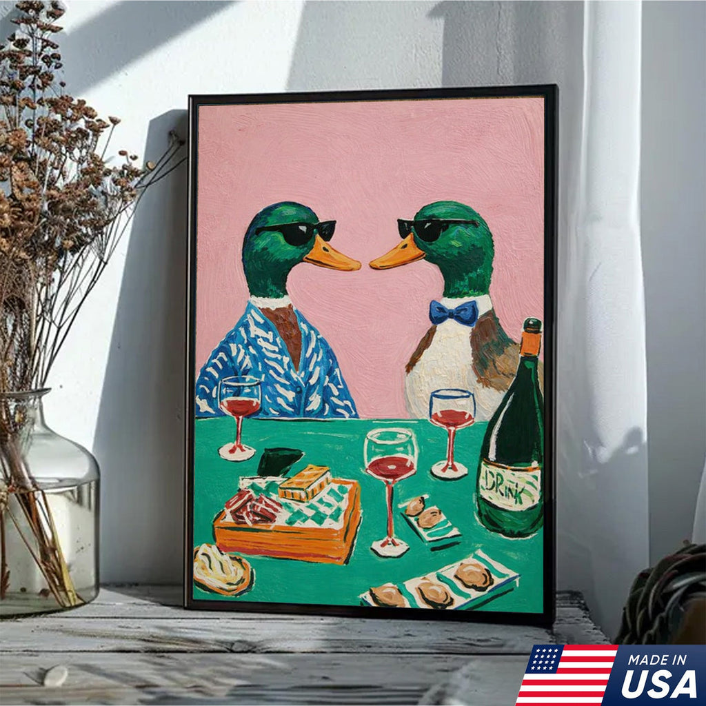 Funny Duck Canvas Wall Art – Classy Ducks Drinking Wine Painting