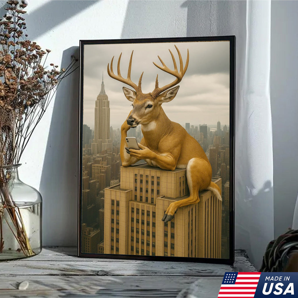 Funny Deer City Canvas Wall Art — Whitetail Buck on Skyscraper Using Phone, Surreal Urban Wildlife Artwork