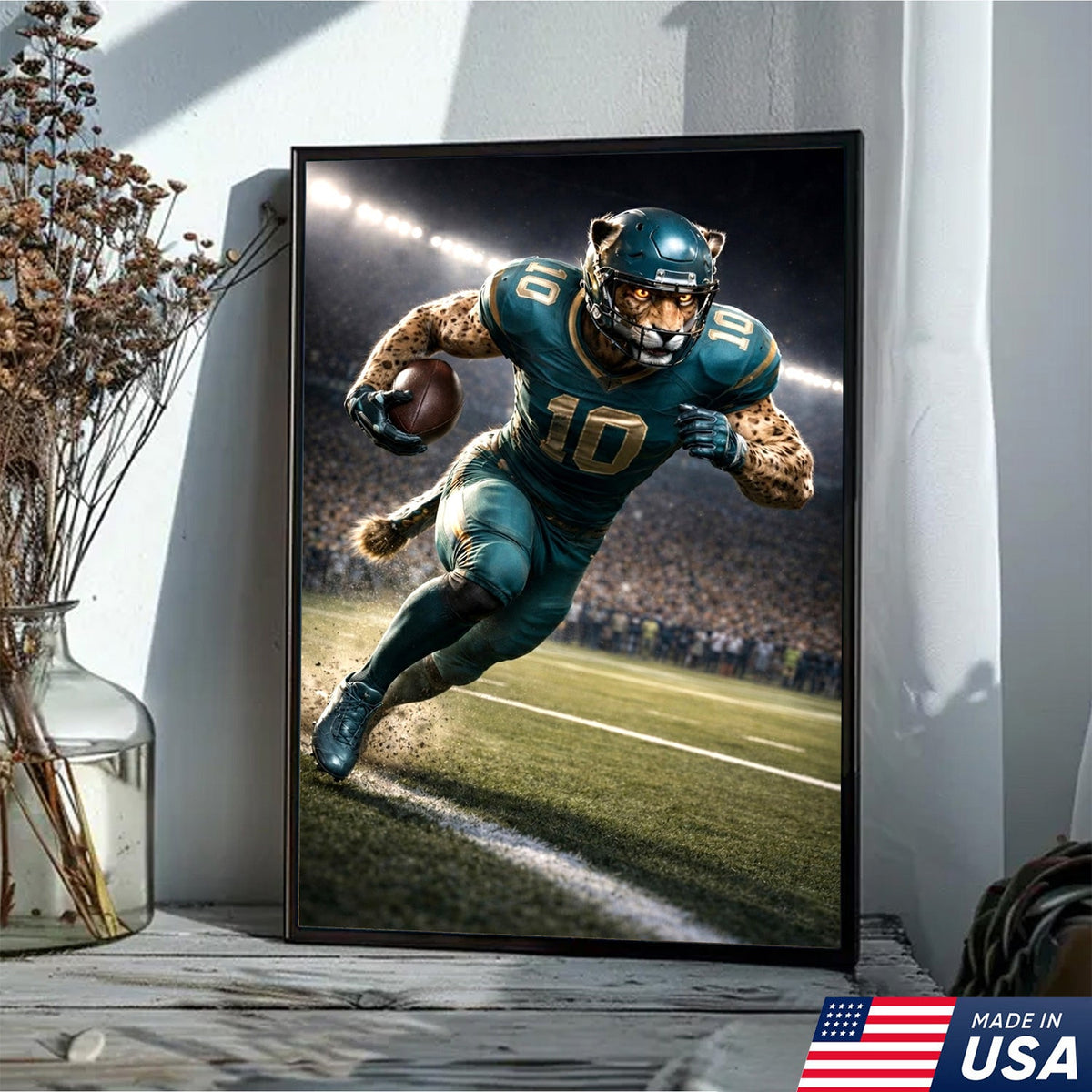 Fierce Cheetah Football Canvas Wall Art – Speed Hunter Athlete Stadium Action Print