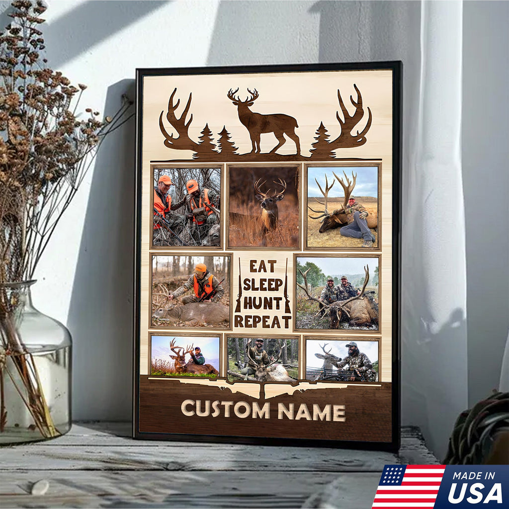 Personalized Hunting Photo Collage Canvas, Deer Antler Wall Art, Custom Hunter Gift