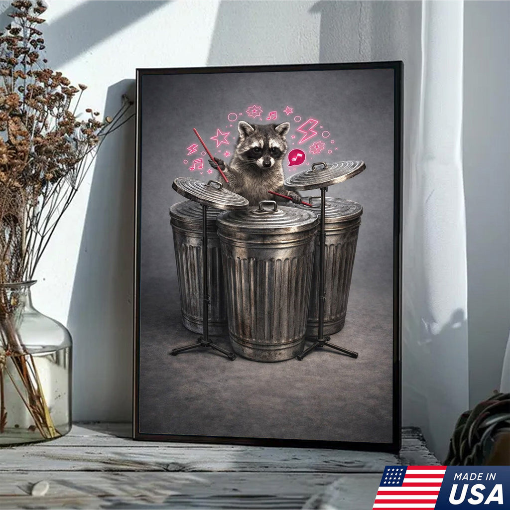 Funny Drummer Raccoon Wall Art Canvas Print, Music Lover Animal Illustration