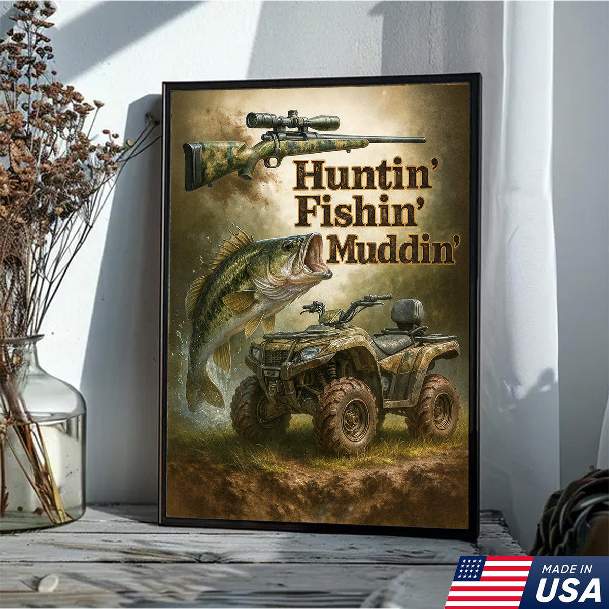 Huntin’ Fishin’ Muddin’ Canvas Wall Art, Deer Hunting and Fishing Decor for Men, Rustic ATV Cabin Artwork