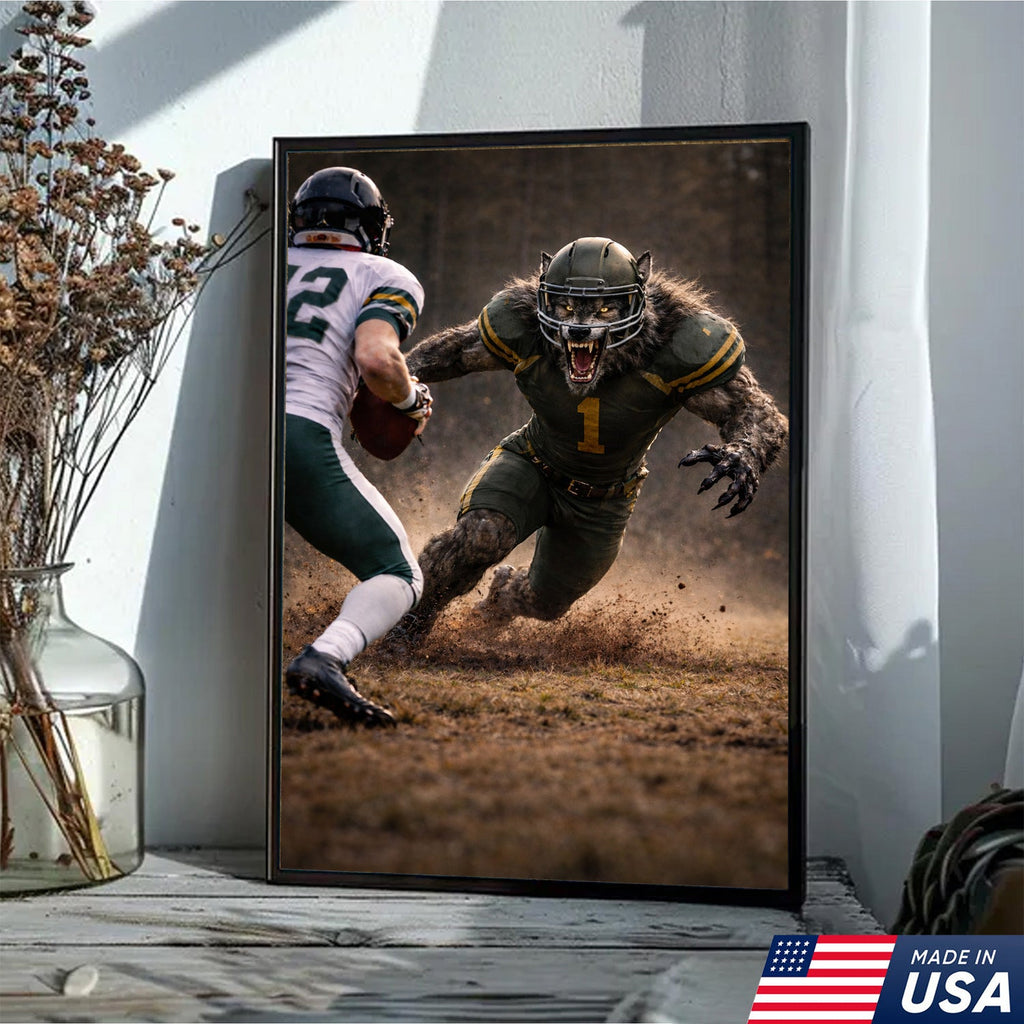 Fierce Wolf Football Canvas Wall Art – Intense Stadium Tackle Sports Print