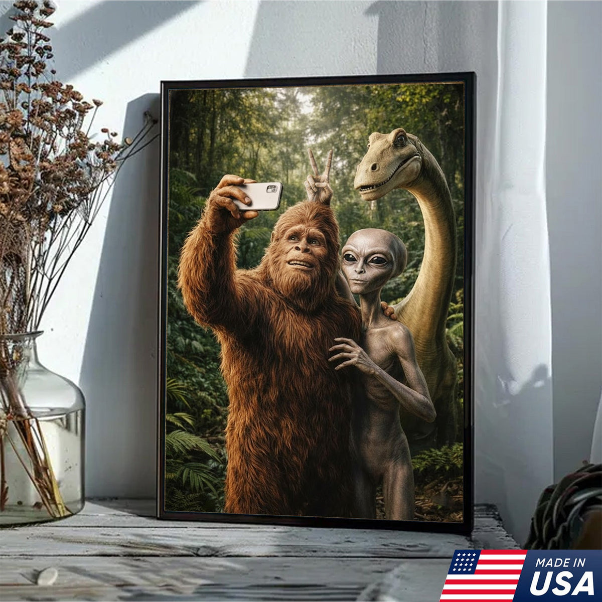 Funny Bigfoot Alien Dinosaur Selfie Canvas Wall Art, Whimsical Fantasy Creature Humor Print