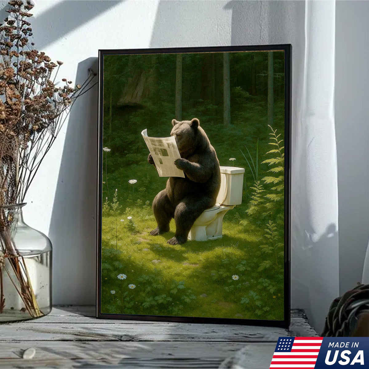 Bear on Toilet Reading Newspaper Canvas Wall Art, Funny Bathroom Decor for Cabin & Lodge