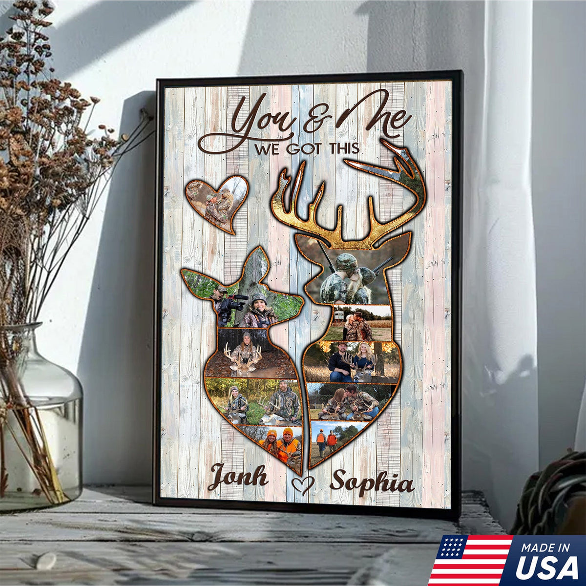 Personalized Deer Couple Hunting Photo Collage Wall Art Canvas - Custom Hunter Gift for Couples