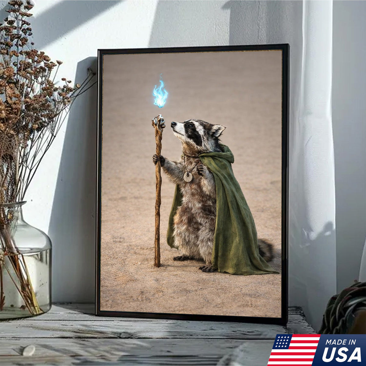 Wizard Raccoon Wall Art Canvas Print, Fantasy Animal Magic Illustration