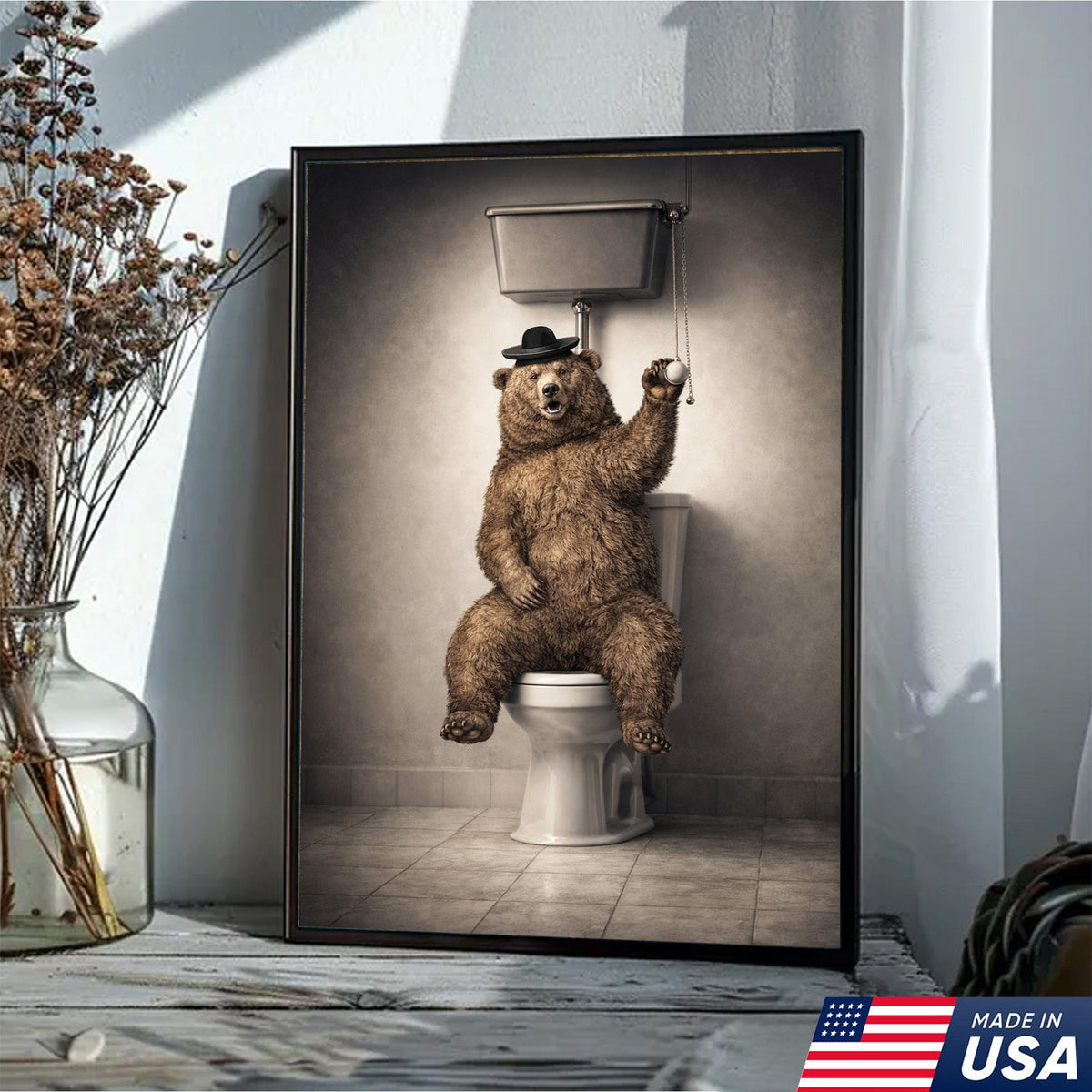 Funny Bear Bathroom Canvas Wall Art – Bear On Toilet Painting