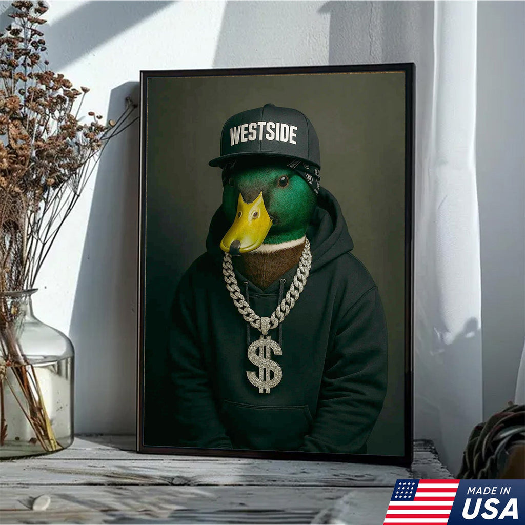 Gangster Duck Canvas Wall Art – Funny Animal Portrait, Hip Hop Duck Decor
