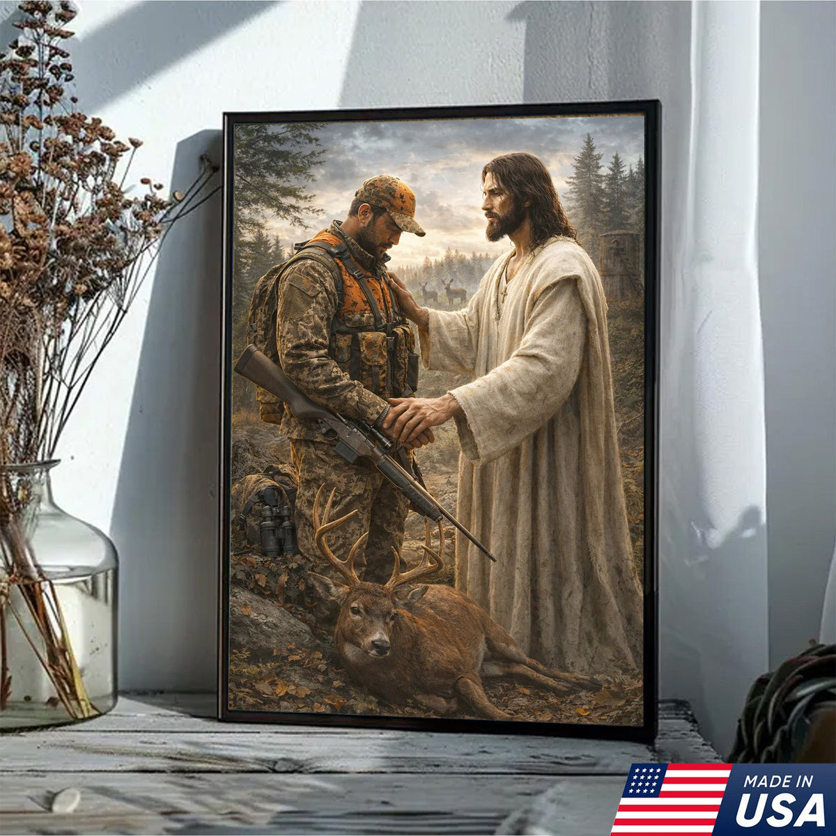 Jesus Hunting Canvas, Christian Hunter Wall Art, Faith Deer Decor