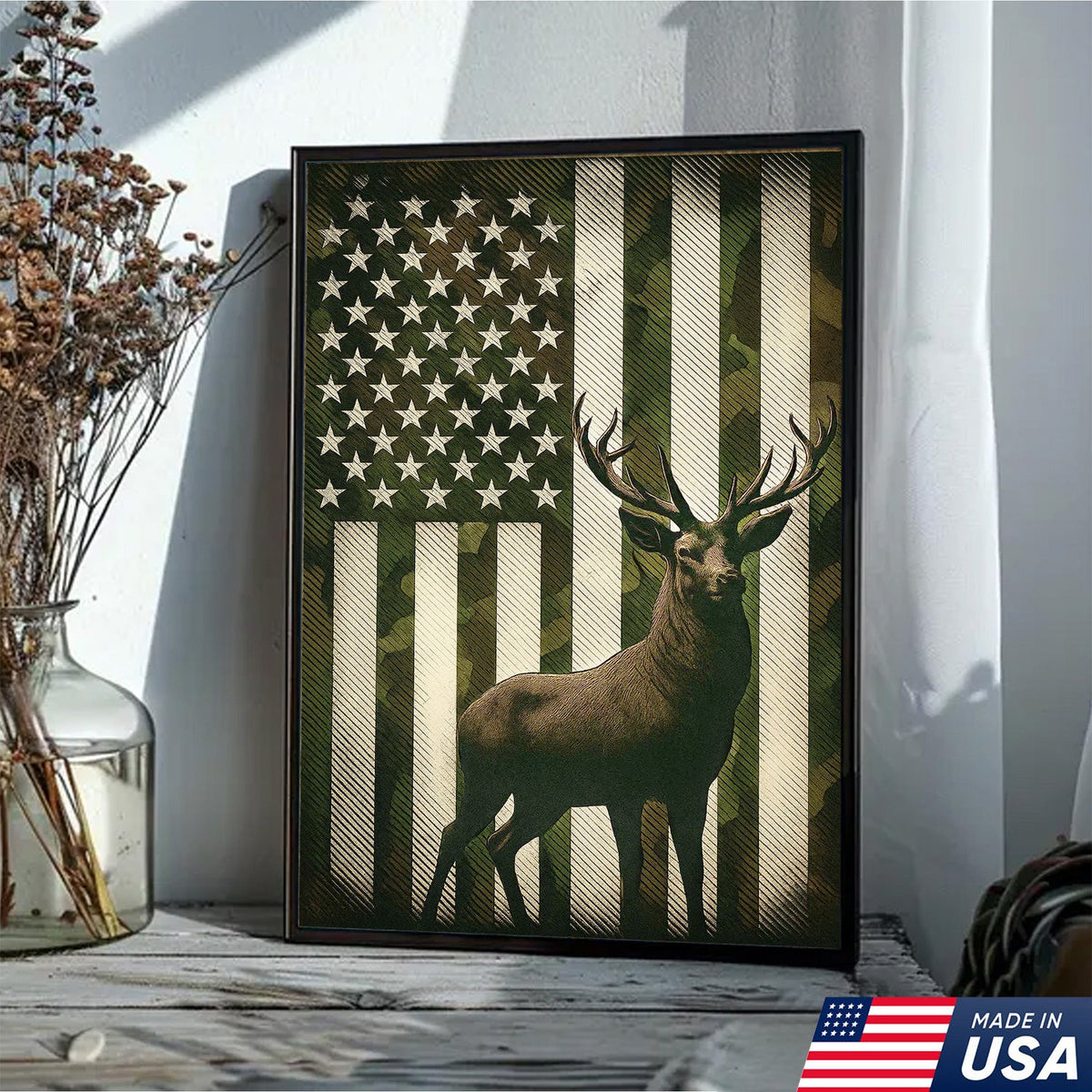 Patriotic Deer American Flag Canvas Wall Art, Camo USA Flag Buck Print