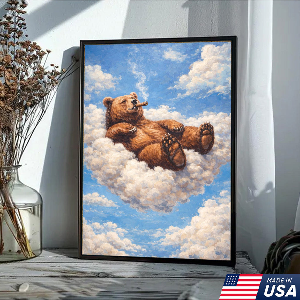 Relaxed Bear on Cloud Canvas Wall Art, Whimsical Animal Fantasy Illustration