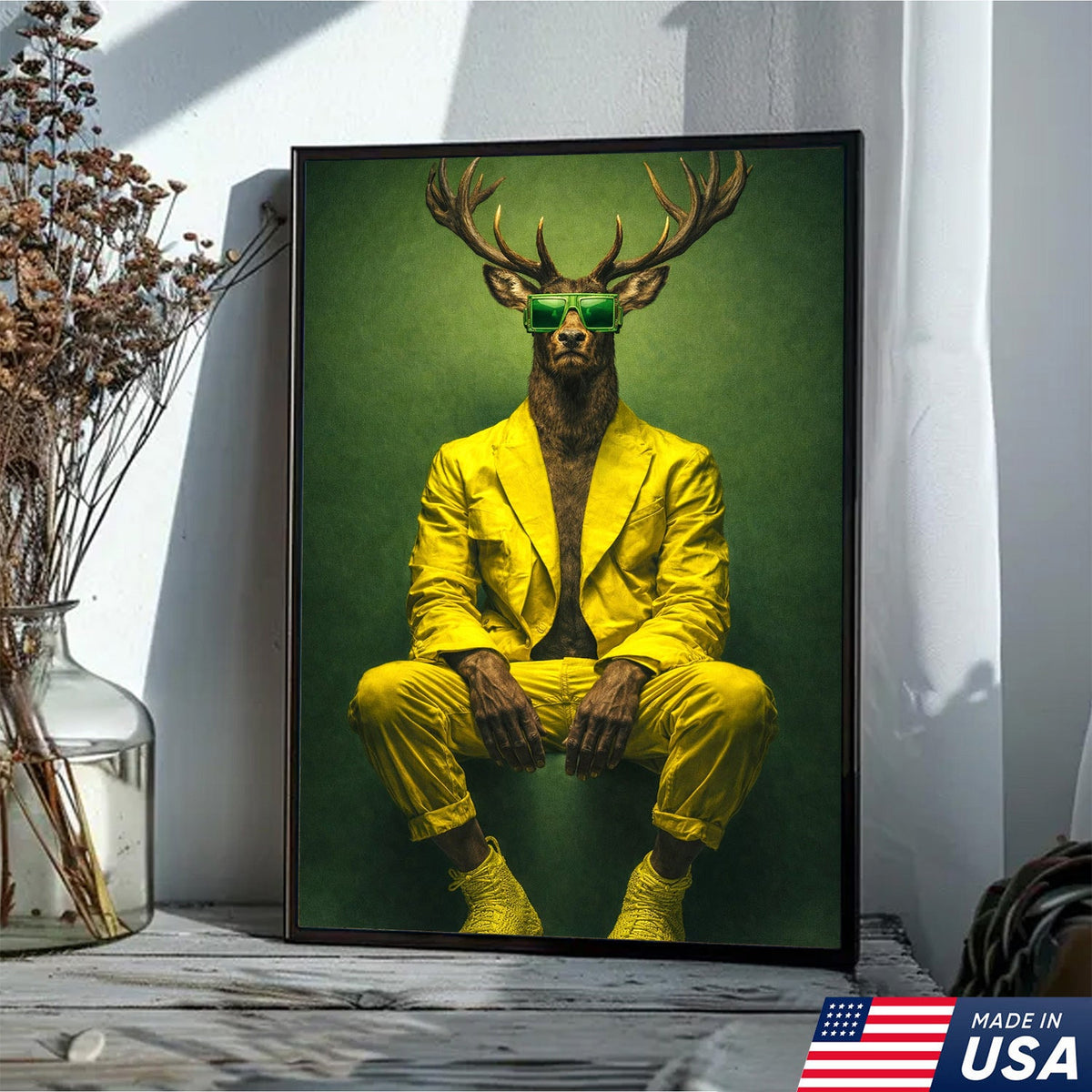 Cool Deer Canvas Wall Art Stylish Animal Portrait Green Suit Modern Decor