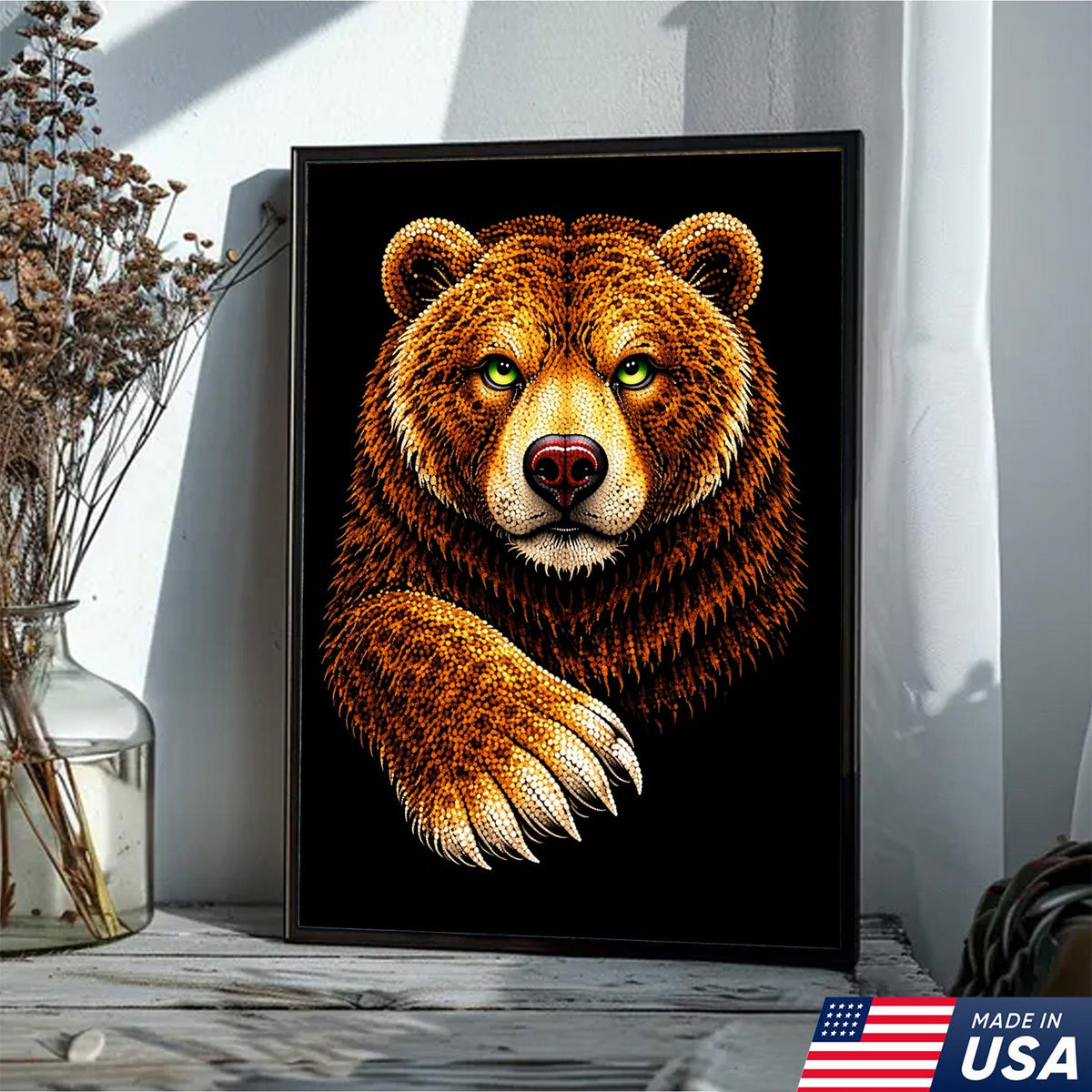 Golden Bear Portrait Canvas Wall Art – Majestic Wildlife Animal Print with Black Background