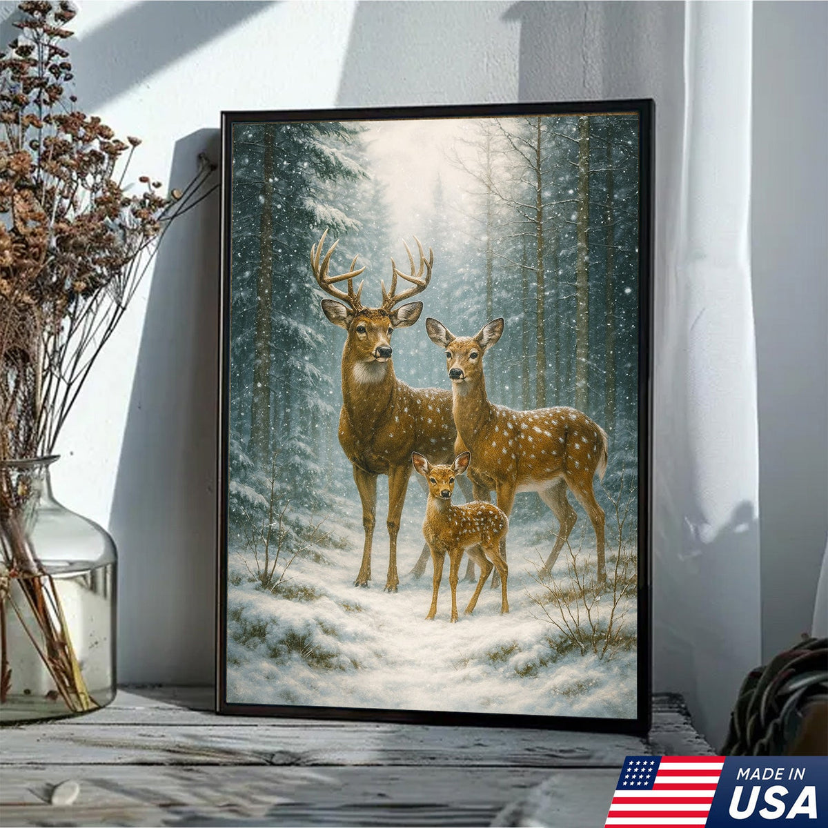 Deer Family Winter Forest Wall Art Canvas – Christmas Wildlife Gift for Nature Lovers & Cabin Homes