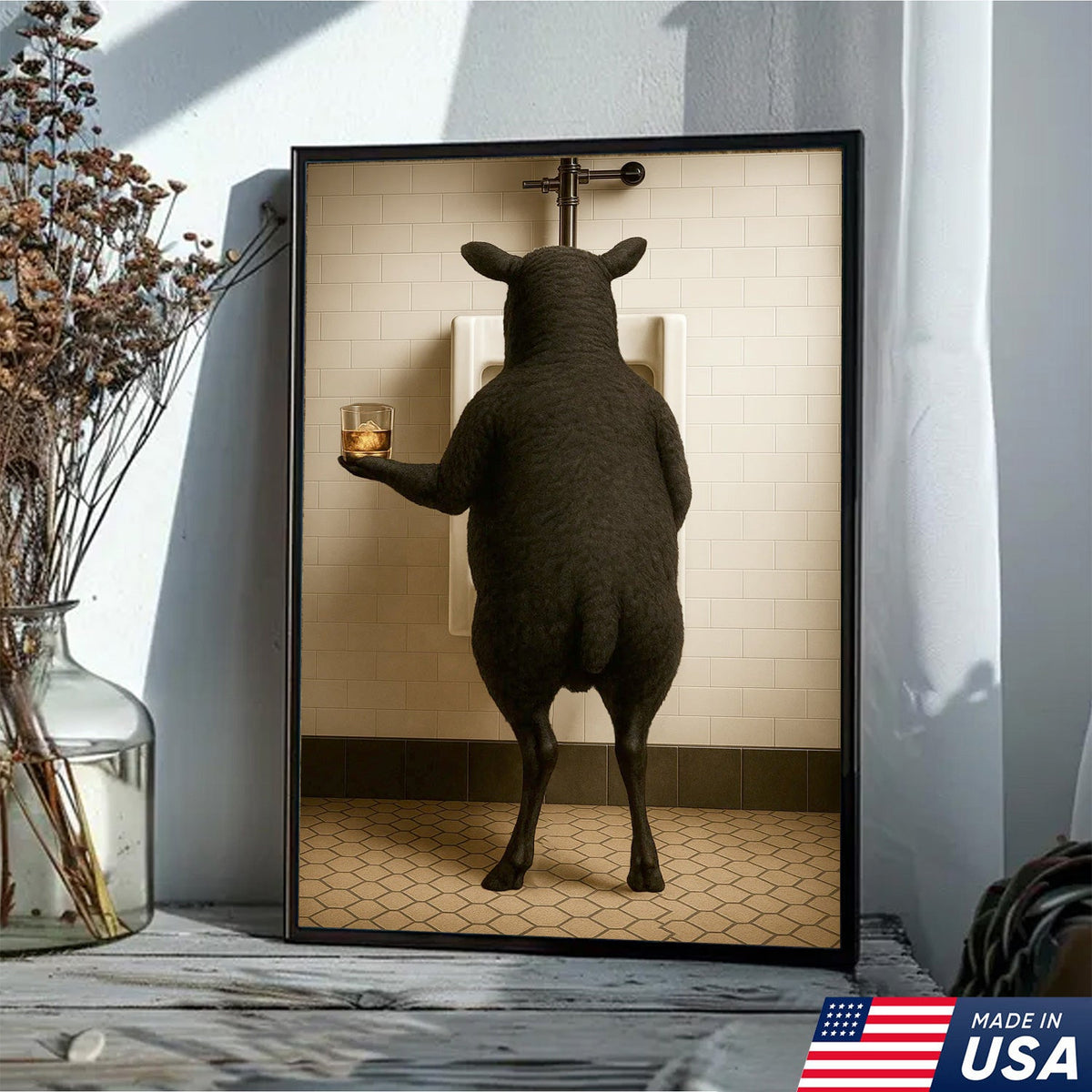 Funny Black Sheep Bathroom Wall Art, Drinking Sheep Humor Canvas Print