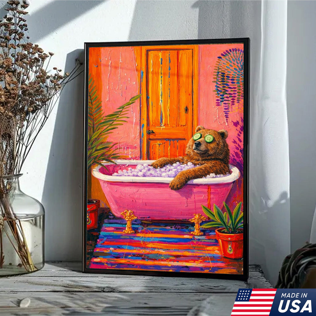 Funny Bear Bath Canvas Wall Art – Colorful Animal Bathroom Decor