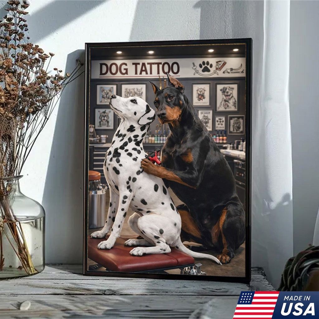 Funny Dog Tattoo Studio Canvas Wall Art, Doberman Tattoo Artist with Dalmatian Client