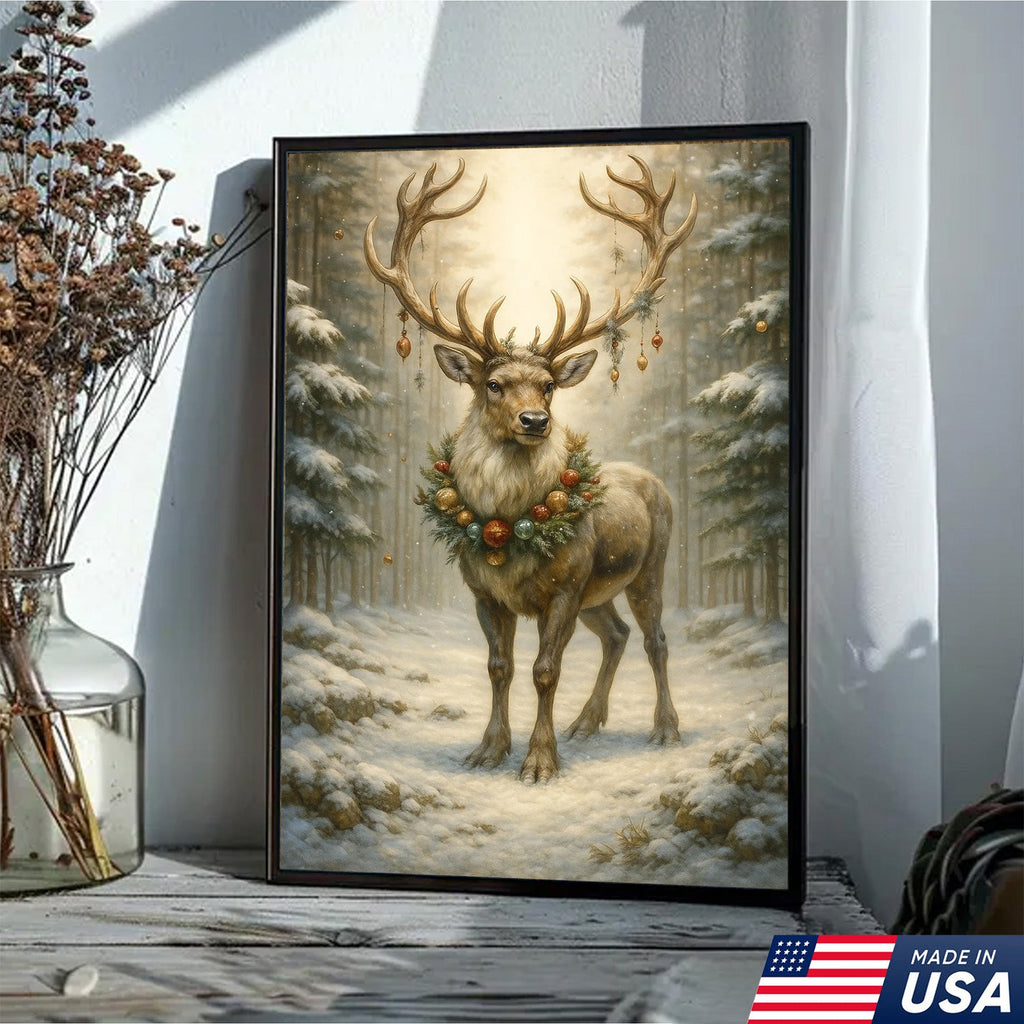 Christmas Reindeer Canvas Wall Art, Majestic Deer with Ornament Wreath in Snowy Forest