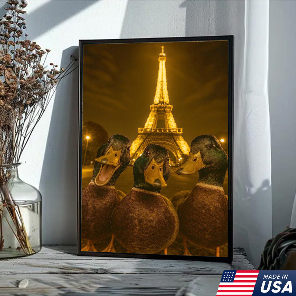 Paris Duck Selfie Canvas – Funny Three Ducks at Eiffel Tower, Hilarious Travel-Themed Wall Art