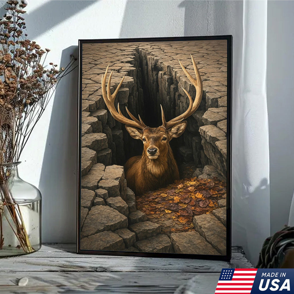 Epic Deer Canvas Art – Majestic Buck Emerging from Cracked Earth