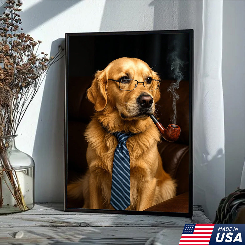 Gentleman Dog Canvas Art – Golden Retriever in Glasses & Tie with Pipe