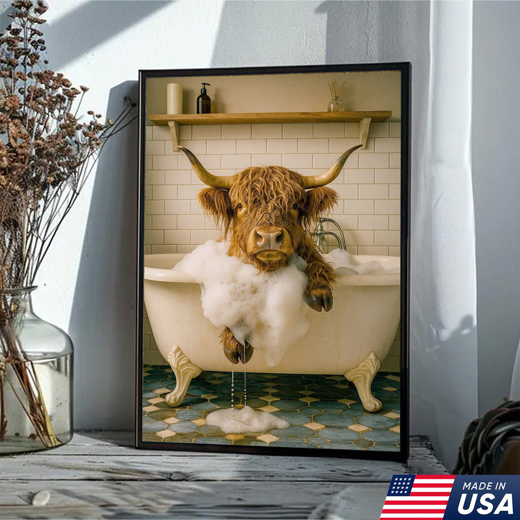 Highland Cow Bubble Bath Canvas Wall Art, Funny Farmhouse Bathroom Decor