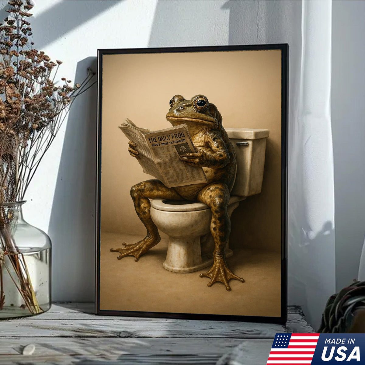 Funny Frog Bathroom Canvas Wall Art, Frog Reading Newspaper on Toilet