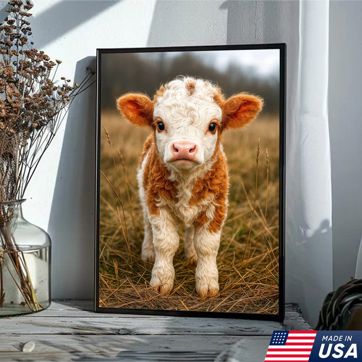 Cute Highland Cow Calf Canvas Art – Adorable Baby Cow Portrait