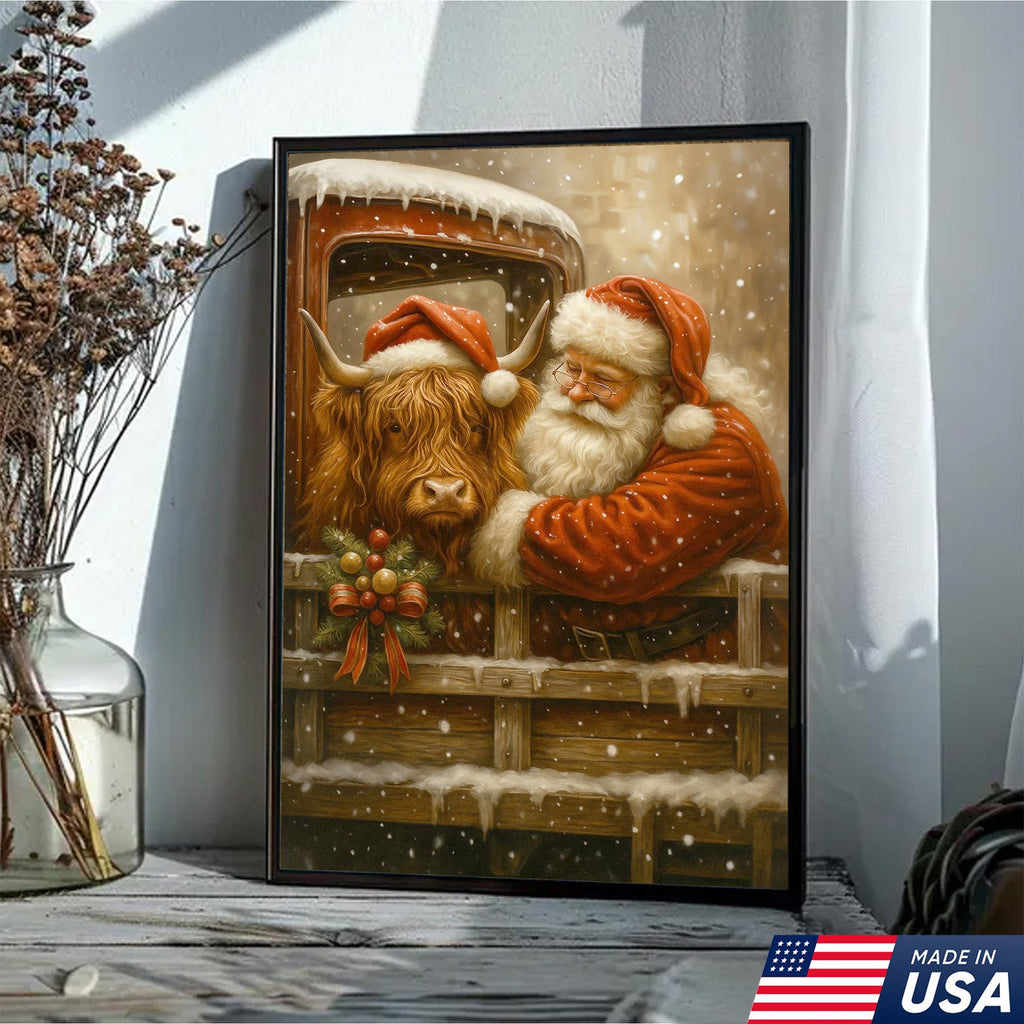 Santa and Highland Cow Christmas Canvas Wall Art, Rustic Farmhouse Holiday Truck Print