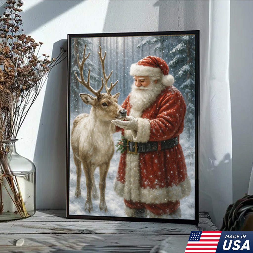 Santa and Reindeer Christmas Canvas Wall Art, Rustic Snowy Forest Holiday Print