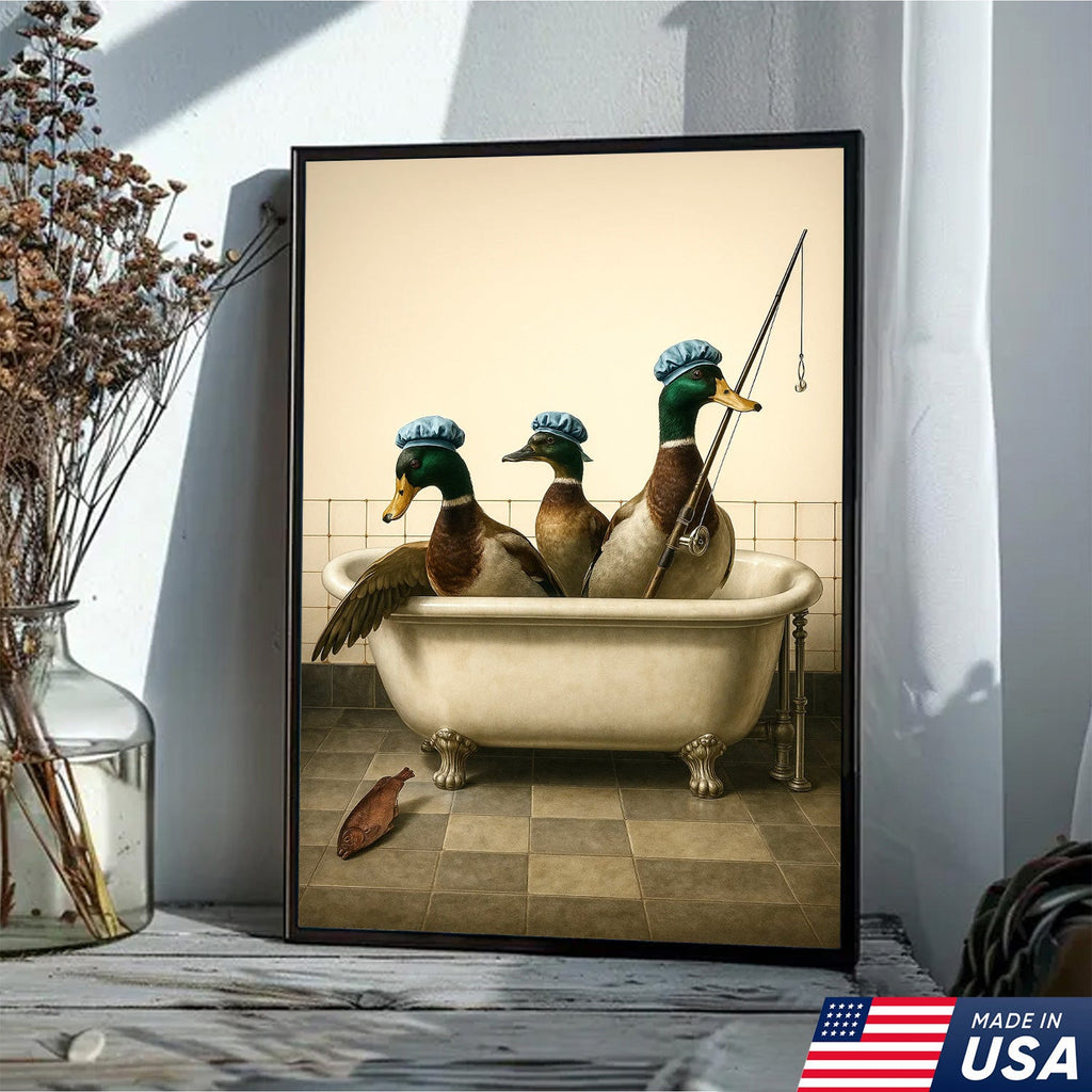 Fishing Ducks Canvas Art – Funny Trio of Ducks in Bathtub with Rod