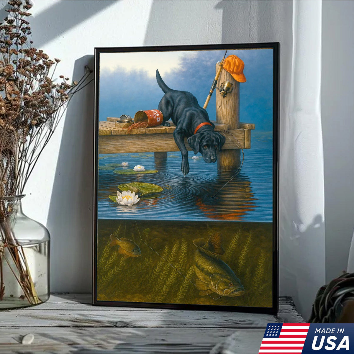 Black Lab Fishing Dock Canvas Wall Art, Lake House Decor, Bass Fish Underwater Split View