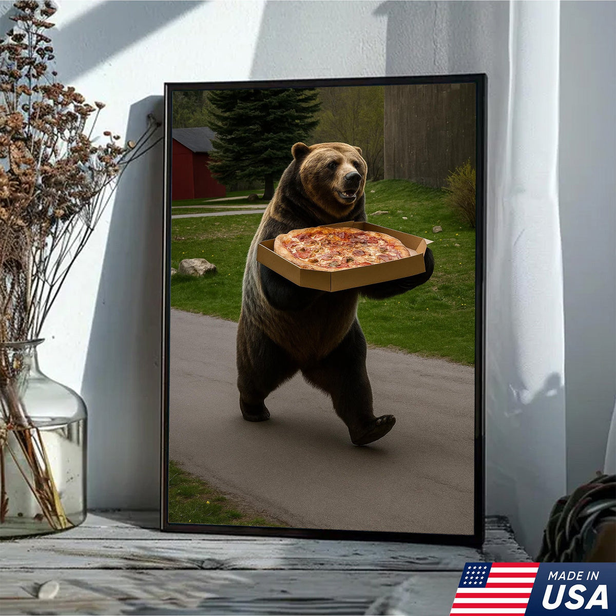 Funny Bear Pizza Canvas Wall Art, Humorous Kitchen Foodie Decor Print