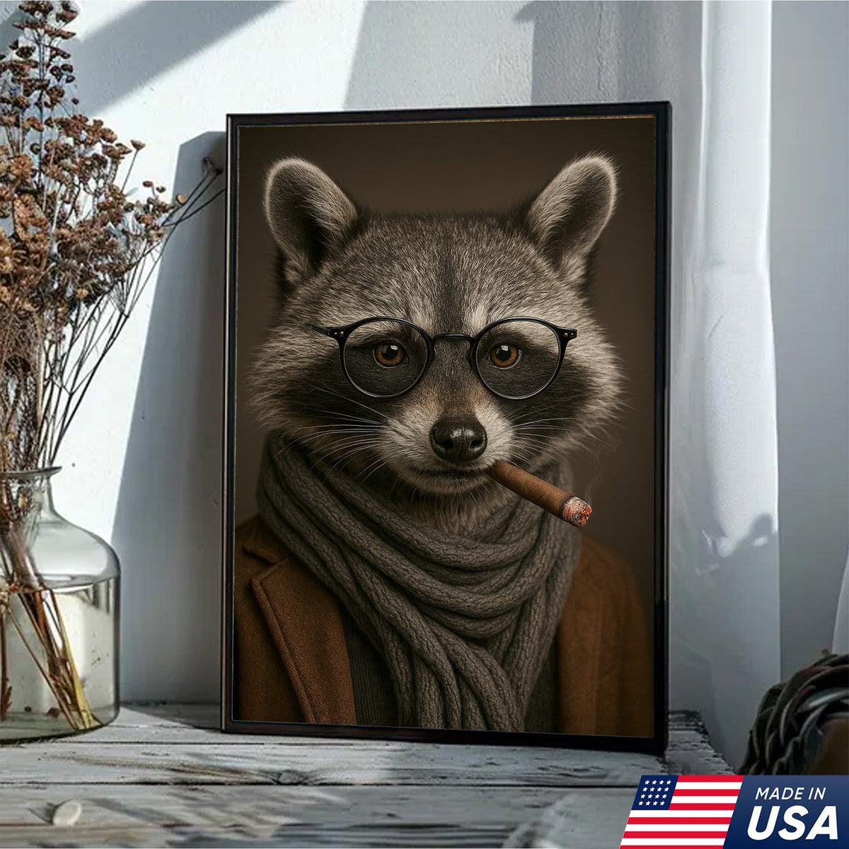 Gentleman Raccoon Cigar Wall Art Canvas – Stylish Animal Portrait for Bar