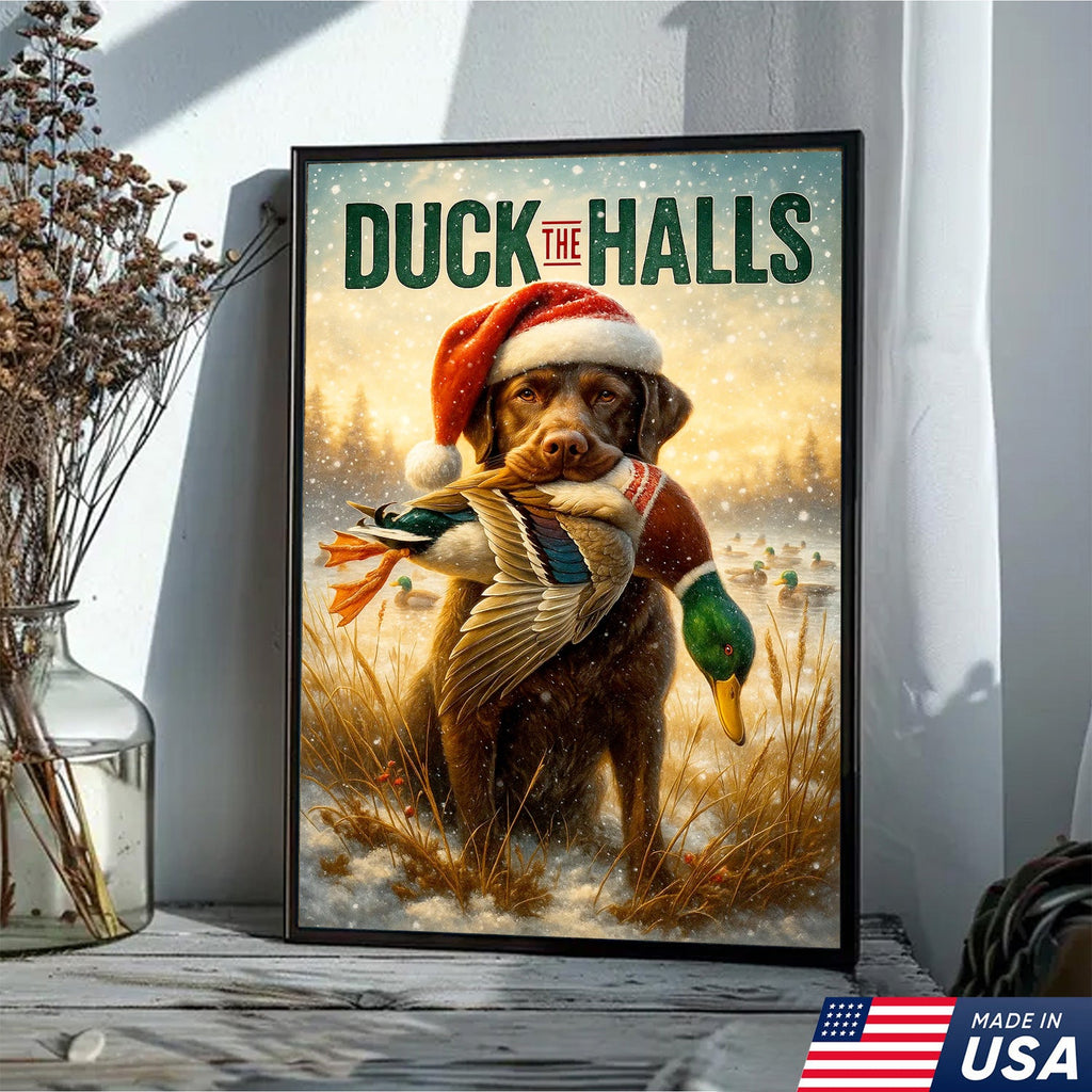 Duck The Halls Christmas Hunting Dog Canvas Art, Funny Holiday Wall Decor for Hunters