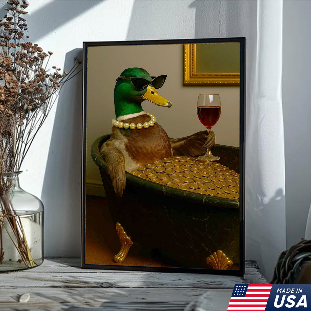 Luxury Duck Canvas Art – Funny Rich Duck in Gold Bathtub, Glam Animal Portrait Wall Decor