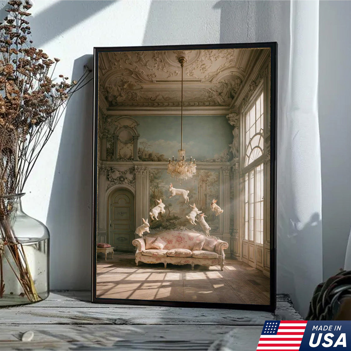 Surreal Floating Rabbits Canvas Wall Art, Dreamy Bunny Dance in Elegant Palace Interior