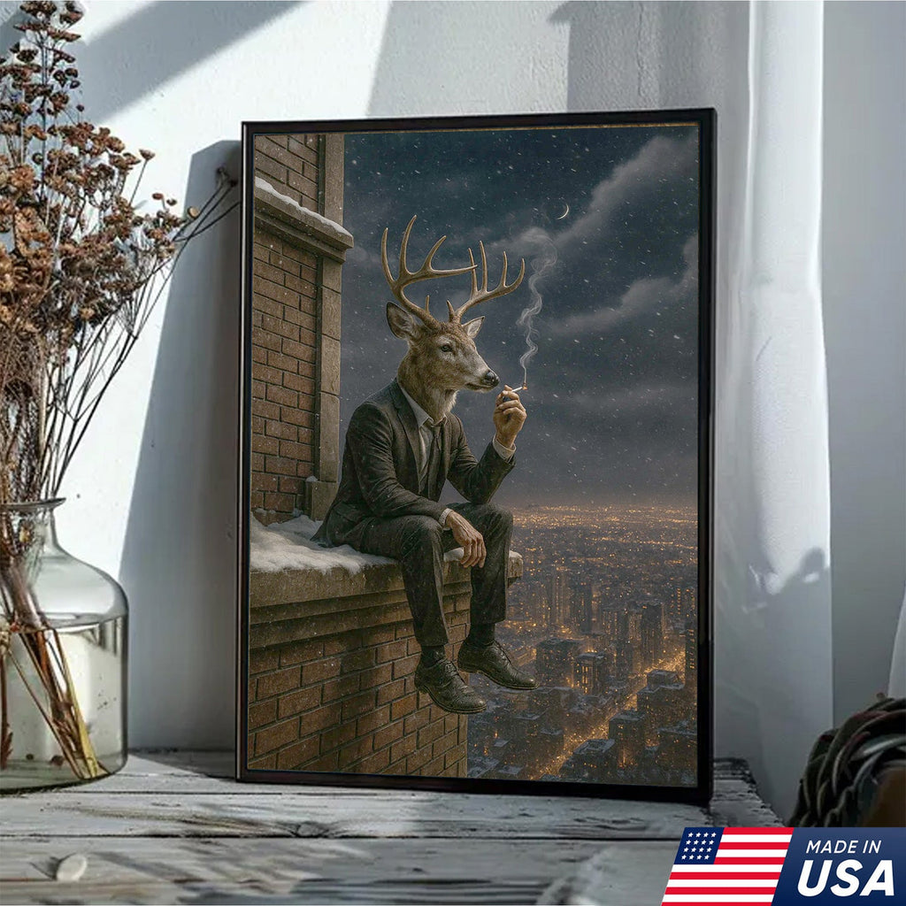 Surreal Deer Man Canvas Wall Art, Anthropomorphic Animal City Night Artwork
